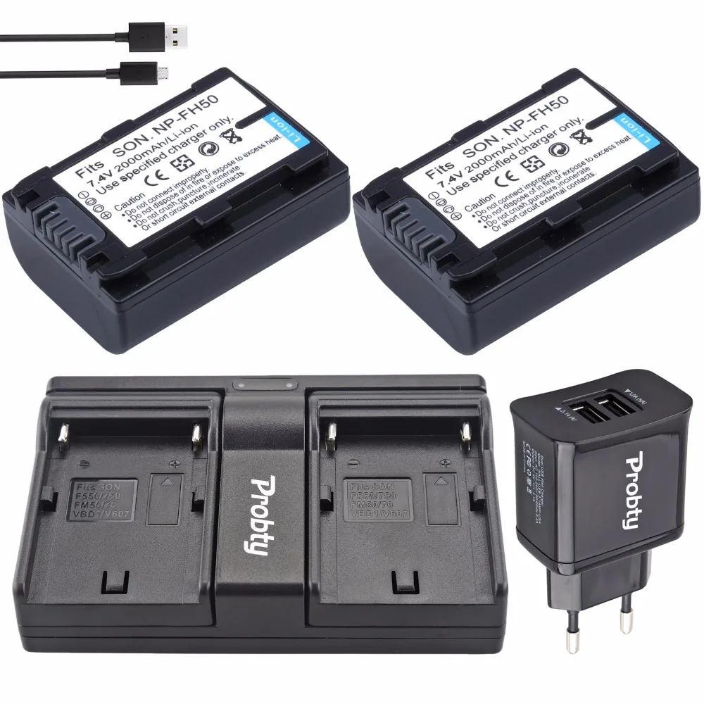 2 бр. Probty NP-FH50 NP FH50 Батерия + USB Двойно зарядно устройство за Sony DCR-HC20 DCR-HC21 DCR-HC26 DCR-HC28 DCR-HC30 DCR-HC32 DCR-HC36 Изображение 0
