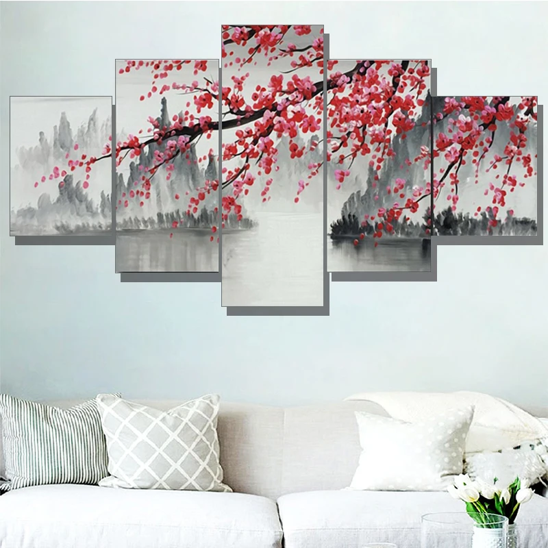5 бр., абстрактни картини върху платно с пейзаж, модерна декорация на дома, плакати и щампи в китайски стил, стенни рисунки сливи, декор Изображение 0