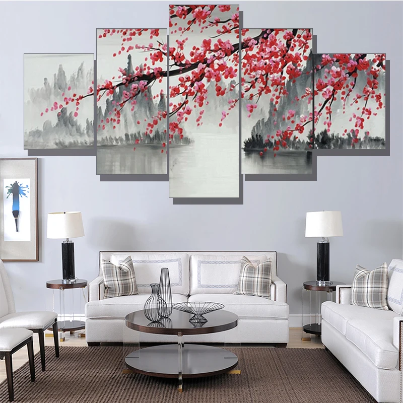 5 бр., абстрактни картини върху платно с пейзаж, модерна декорация на дома, плакати и щампи в китайски стил, стенни рисунки сливи, декор Изображение 5