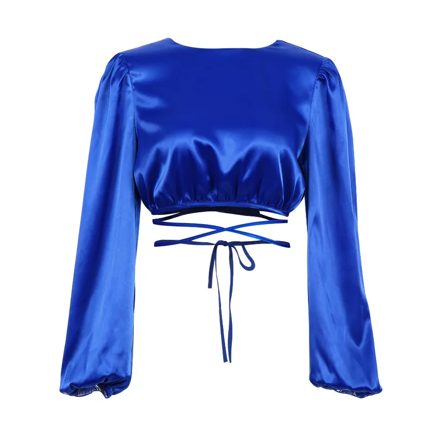 NEWDISCVRY, Сексуална Синя Модни Дамски Блуза, Есента Съкратен Топ дантела с отворен гръб, Отгоре с мирис с дълъг ръкав, Сатен Елегантна Риза с кръгло деколте, Дамски Изображение 0