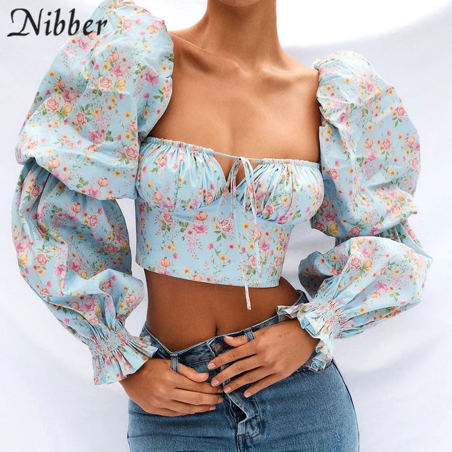 Nibber, Бял топ с пищни ръкави и завязками отпред, Дамски Блуза, Риза, Елегантен, пикантен, с отворена на гърба, скъсяване на върховете, Модни блузи с дълъг ръкав Изображение 3