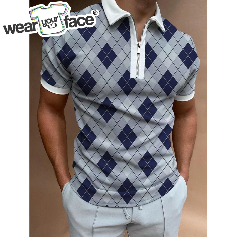 Геометрична контрастная риза с къси ръкави с цип с 3D принтом по цялото тяло, лятна градинска ежедневни спортни хипстерская мъжки дрехи с къс ръкав Изображение 0
