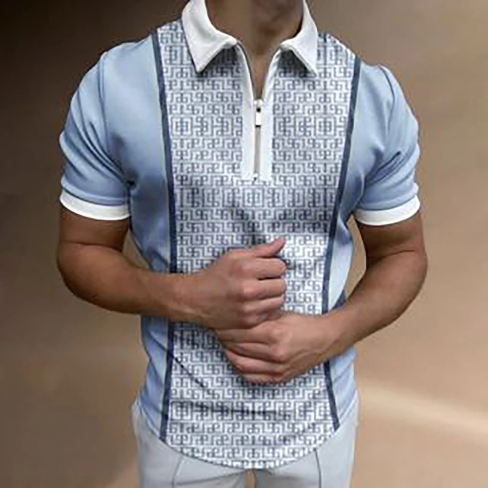 Геометрична контрастная риза с къси ръкави с цип с 3D принтом по цялото тяло, лятна градинска ежедневни спортни хипстерская мъжки дрехи с къс ръкав Изображение 1