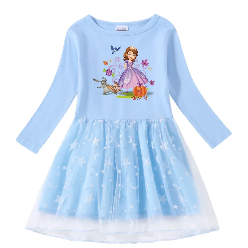 Детски Дрехи за деца, елегантна рокля на принцеса София, с дълъг ръкав, мрежести съоръжения за малки момичета под формата на звезди и Луната, облекло за рожден Ден Изображение 2