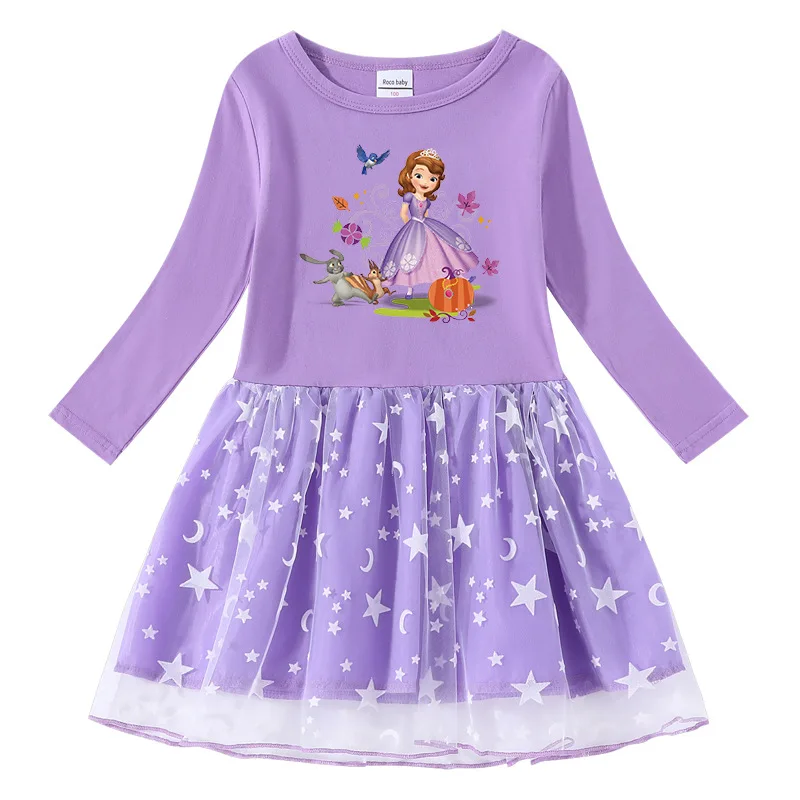 Детски Дрехи за деца, елегантна рокля на принцеса София, с дълъг ръкав, мрежести съоръжения за малки момичета под формата на звезди и Луната, облекло за рожден Ден Изображение 3