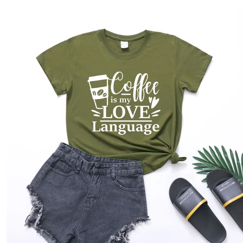 Свободна женска тениска с къс ръкав и писмото принтом на езика coffee is my love големи размери, дамски блузи, риза с кръгло деколте Изображение 0
