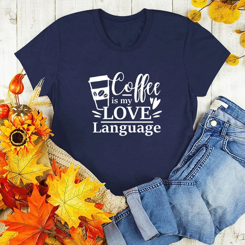 Свободна женска тениска с къс ръкав и писмото принтом на езика coffee is my love големи размери, дамски блузи, риза с кръгло деколте Изображение 1