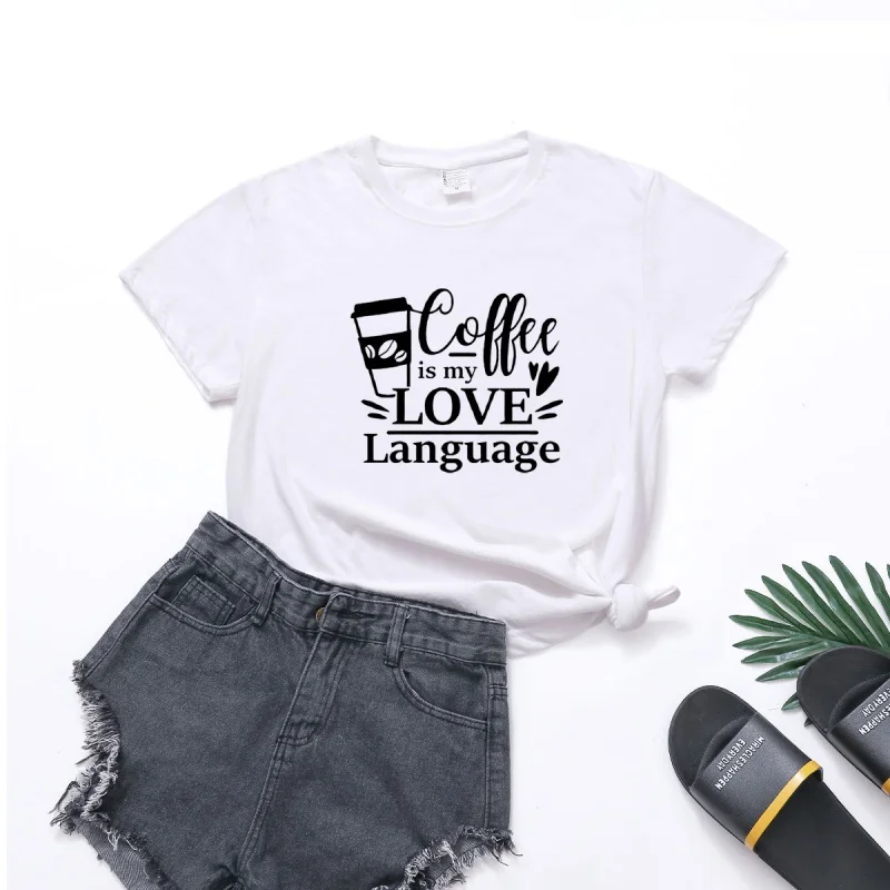 Свободна женска тениска с къс ръкав и писмото принтом на езика coffee is my love големи размери, дамски блузи, риза с кръгло деколте Изображение 4