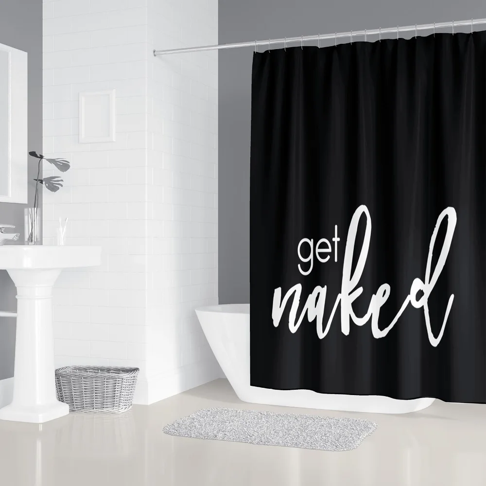 Скандинавска завеса за душ с просто черно-бял писмото модел, водоустойчив многоразмерная завеса за баня от полиестер, изчистен декор на банята Изображение 3