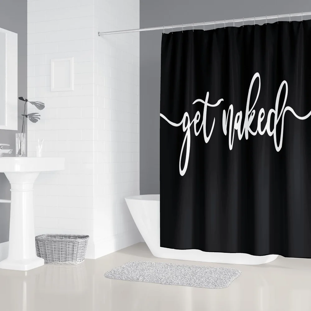 Скандинавска завеса за душ с просто черно-бял писмото модел, водоустойчив многоразмерная завеса за баня от полиестер, изчистен декор на банята Изображение 4