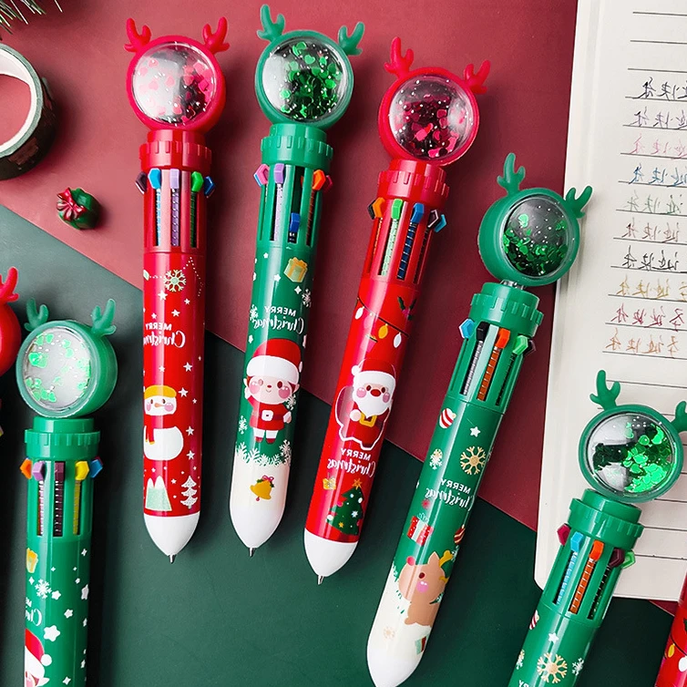 Химикалки, сладки ученически пособия, 10 цвята, Креативни Коледни канцеларски материали, маслени химикалки, цветни дръжки за пресата, Коледни подаръци за деца Изображение 1