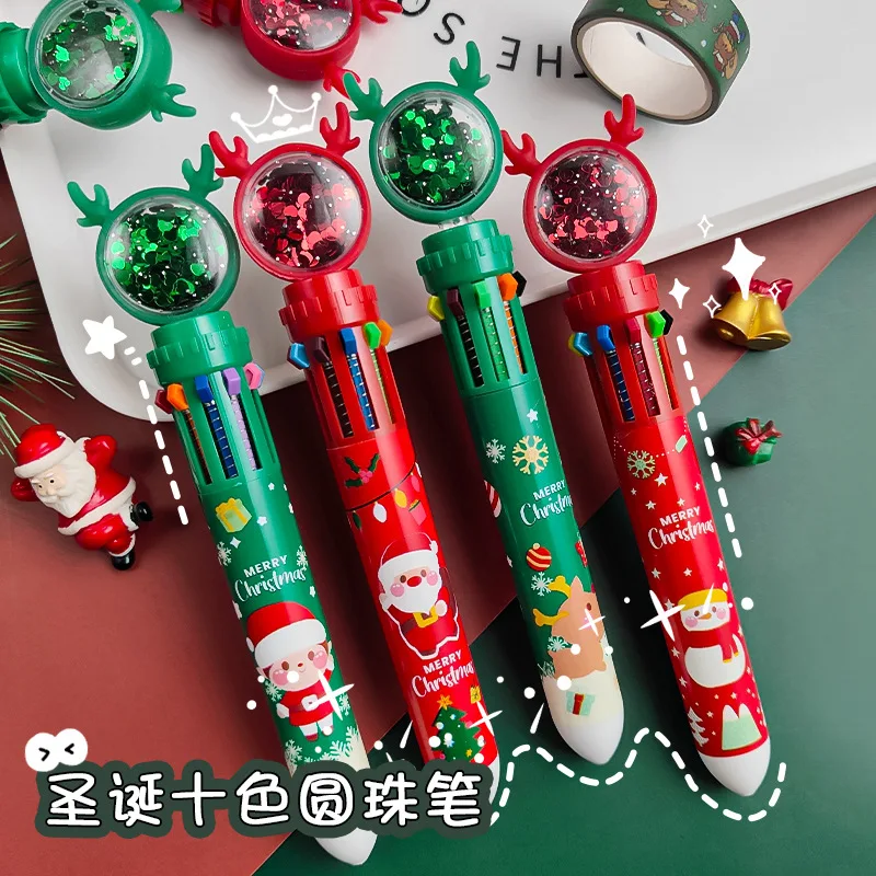 Химикалки, сладки ученически пособия, 10 цвята, Креативни Коледни канцеларски материали, маслени химикалки, цветни дръжки за пресата, Коледни подаръци за деца Изображение 2
